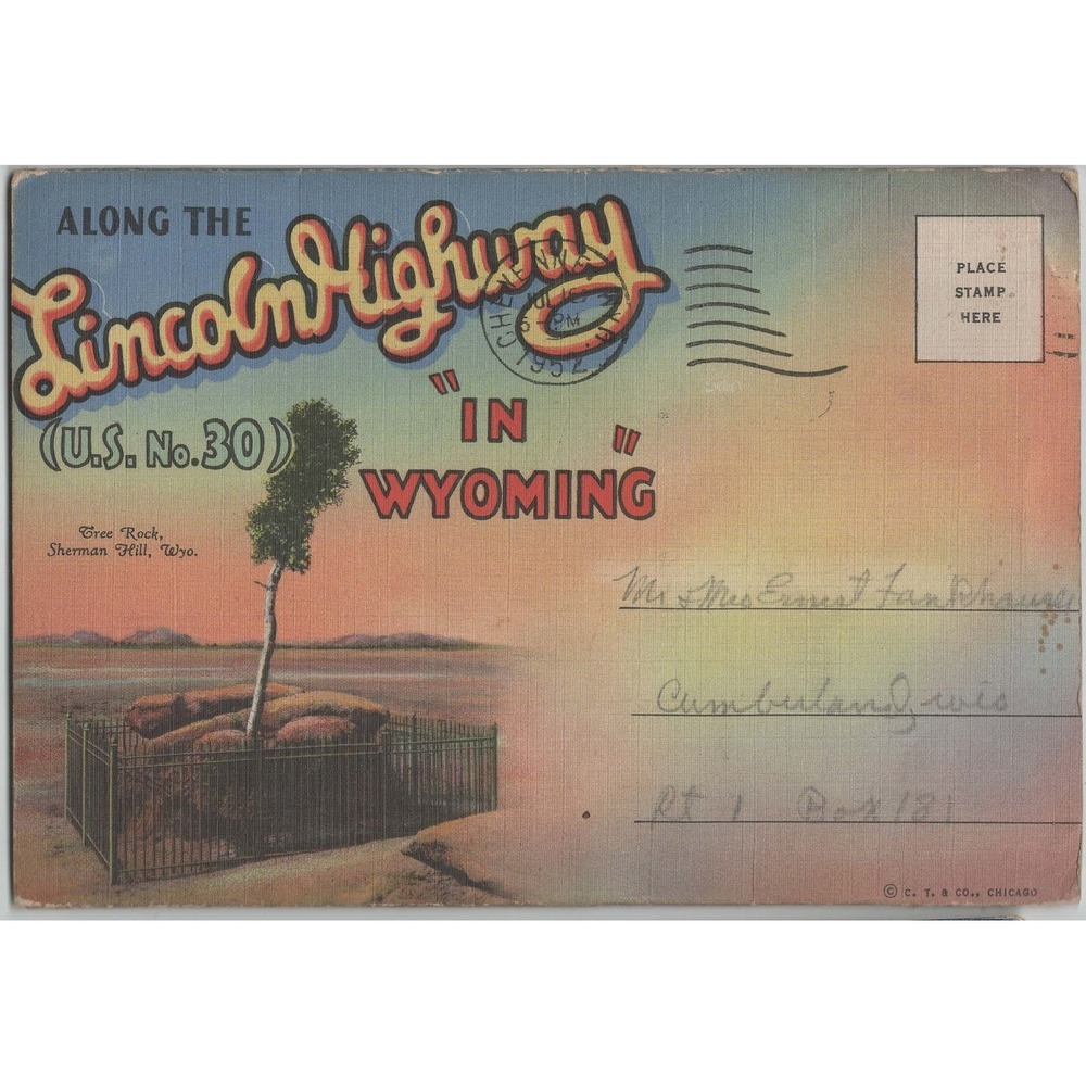Vintage 1952 Lincoln Highway US 30 Wyoming Tree Rock Linen Postcard - Picture 1 of 2
